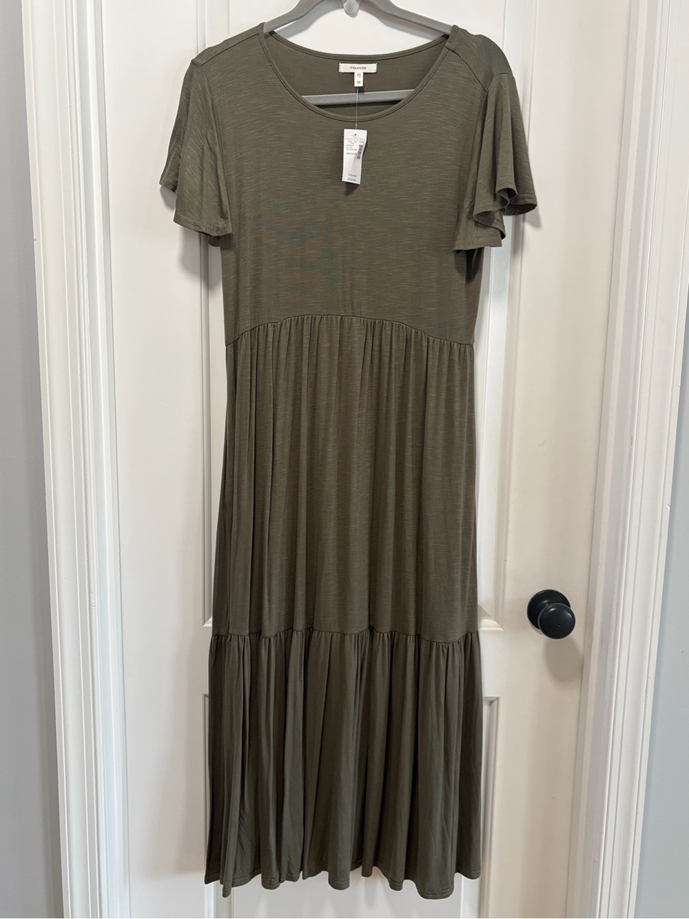 Maurices NWT size Medium Flutter Sleeve Tiered Midi Dress Olive Green Knit